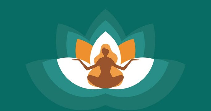 Silhouette of a meditating woman in yoga pose on the background of a blooming lotus.