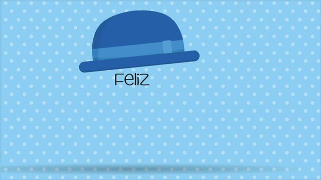 Feliz Dia del Padre greeting card - Happy Fathers Day in spanish language - A blue hat with a ball appears and from the hat the letters fall to form the message, then a blue bow tie and a mustache app