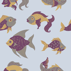 Seamless pattern of freshwater aquarium cartoon fishes. Vector illustration in sketch style. Design concept.