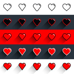 25 Red heart shape with contour stroke line. Medical icon, love sign isolated on background. Symbol Feast of Saint Valentine Day. Flat design in long shadow style. Vector illustration graphic element