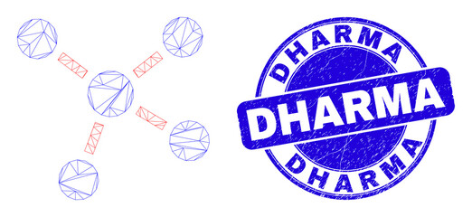 Web mesh connections icon and Dharma watermark. Blue vector rounded distress watermark with Dharma phrase. Abstract carcass mesh polygonal model created from connections icon.