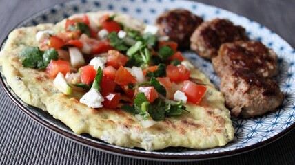 Pita Bread with Grilled Beef Meat and Fried Potato Covered Sesame Seeds. Roasted Meal