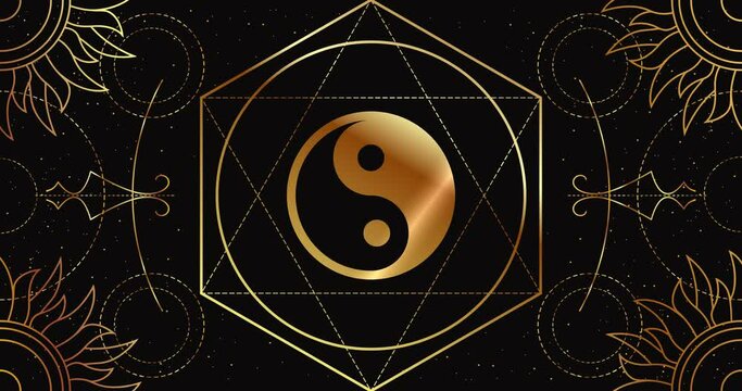 Tao Yin and Yang. The Chinese symbol of the unity of opposites. The sign rotates on a black background with a geometric golden pattern. Animation loop.