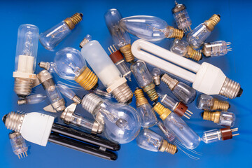 A variety of lighting bulb. Retro incandescent, halogen and mercury