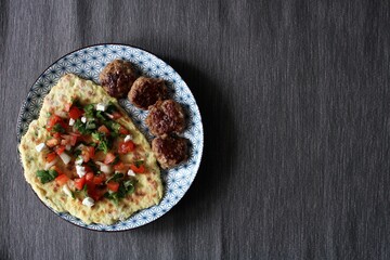 Pita Bread with Grilled Beef Meat and Fried Potato Covered Sesame Seeds. Roasted Meal