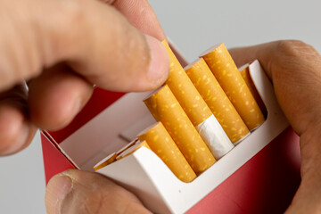 Hand pull out cigarette in pack.Cigarettes is addictive to be cancer.smoking reduction campaign in World No Tobacco Day.