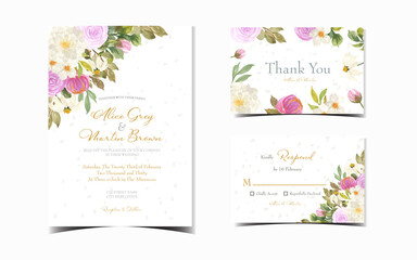 set of colorful floral wedding invitation with gorgeous flowers