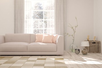 White stylish minimalist room with sofa. Scandinavian interior design. 3D illustration