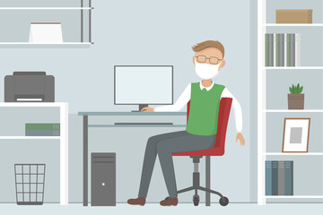 Employee in medical mask working on computer. Vector illustration.