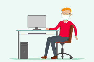 Employee in medical mask working on PC. Vector illustration.