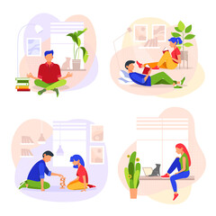 Stay at home concept illustration set. Vector Illustration