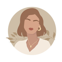 Girl on an abstract background with plants. Figure of a stylish woman. Jewelry and accessories, makeup. Minimalist modern portrait. Drawing art print in boho style. Vector illustration, fashion.