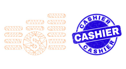Web carcass dollar coin stacks icon and Cashier seal stamp. Blue vector rounded distress seal stamp with Cashier title. Abstract carcass mesh polygonal model created from dollar coin stacks icon.