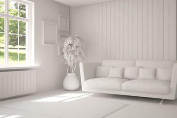 Stylish room in white color with sofa and green landscape in window. Scandinavian interior design. 3D illustration