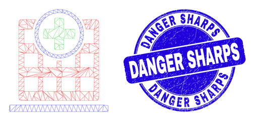 Web mesh hospital building icon and Danger Sharps seal stamp. Blue vector round textured seal stamp with Danger Sharps message. Abstract frame mesh polygonal model created from hospital building icon.