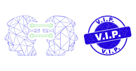 Web mesh head links integration icon and V.I.P. seal. Blue vector round grunge seal with V.I.P. text. Abstract frame mesh polygonal model created from head links integration icon.