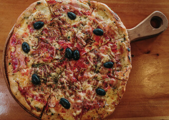 pizza on a wooden board