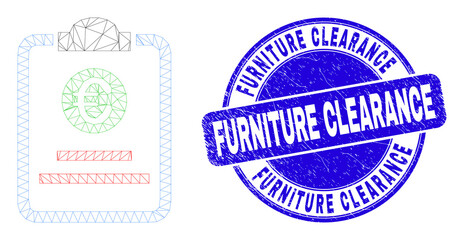 Obraz premium Web carcass euro price pad icon and Furniture Clearance stamp. Blue vector round distress stamp with Furniture Clearance text. Abstract carcass mesh polygonal model created from euro price pad icon.