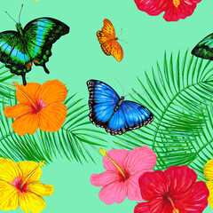 Palm leaves, hibiscus flowers, butterflies on a green background. Tropical seamless pattern design for wallpaper, textile, fabric, paper.