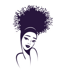 Hair salon and beauty studio illustration.Beautiful Afro-American woman with elegant hairstyle and makeup.Front view portrait.