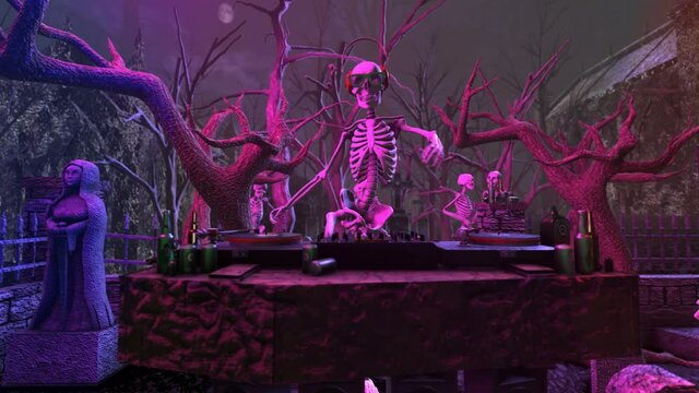 Seamless animation of a skeleton djing with turntables and bats flying around in a cemetery at night. Funny halloween background for parties and events.