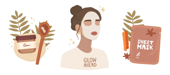 Vector illustrations set. Portrait of a girl with a face mask. T-shirt with the glow ahead lettering. Cosmetic packaging, sheet mask. Packaging with cream. Testing cosmetics, reviews, blog, influencer