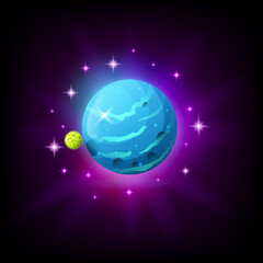 Blue planet with rings icon for game or mobile app on dark background. Alien world vector illustration in cartoon style