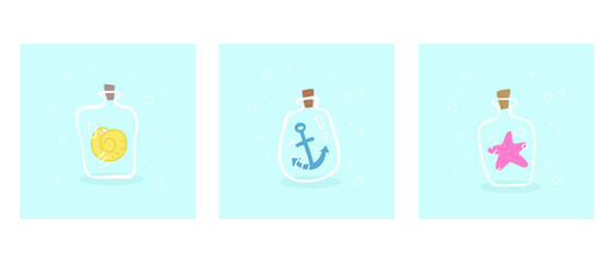 The bottles are filled with items from the sea. An anchor, a shell, a starfish.