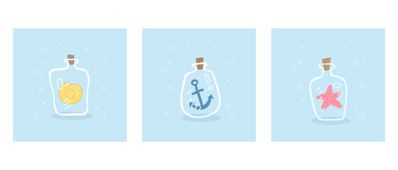 The bottles are filled with items from the sea. An anchor, a shell, a starfish.