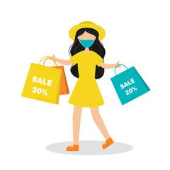 Girl shopping in a mask. Happy girl with shopping goes home from the store.Flat illustration in flat style.