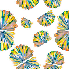 several shells, blue, yellow, beige. seamless pattern. watercolor