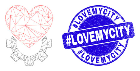 Web carcass love gear icon and #Lovemycity seal stamp. Blue vector round distress seal with #Lovemycity title. Abstract carcass mesh polygonal model created from love gear icon.