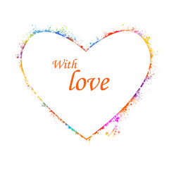Heart made of multi-colored bright colored blots. With love. Postcard. Frame for text. Vector illustration