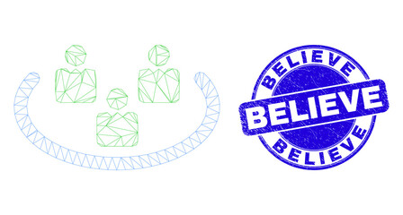 Web carcass social ring pictogram and Believe seal stamp. Blue vector rounded distress seal stamp with Believe text. Abstract carcass mesh polygonal model created from social ring pictogram.