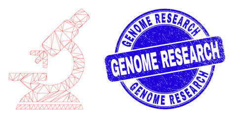 Web mesh microscope pictogram and Genome Research stamp. Blue vector round textured stamp with Genome Research text. Abstract frame mesh polygonal model created from microscope pictogram.