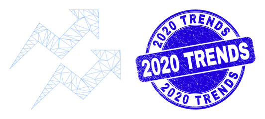 Obraz premium Web carcass trend arrows pictogram and 2020 Trends seal stamp. Blue vector round distress seal stamp with 2020 Trends phrase. Abstract carcass mesh polygonal model created from trend arrows pictogram.