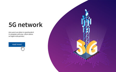 Antenna for wireless network. 5G network wireless technology. Broadcasting tower for high speed internet communication. Isometric vector illustration