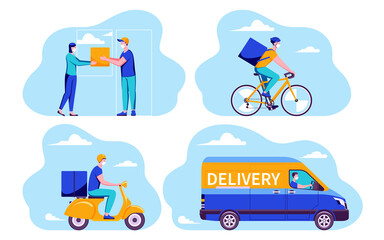 Fast online delivery package service concepts set. Courier in mask deliver goods and food on a car, motorcycle, bike. Woman in mask receiving parcel from delivery man