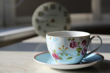 English blue tea cup on saucer in fine china with delicate flowers and gold edging with clock in background 