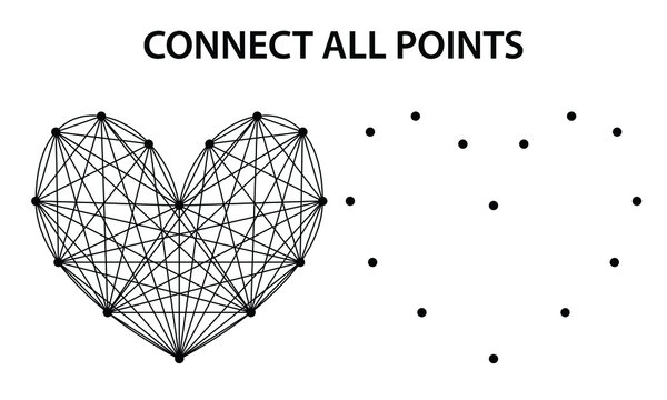  Abstract heart shape with connecting dots and lines, connect the dots picture, dot to dot game, entertaining game element in vector