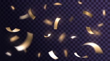 Flying golden confetti on a transparent background, holiday decoration