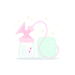Electric breast pump in pink. Polka dot pattern. Milk with love from mom. Cute cartoon vector illustration