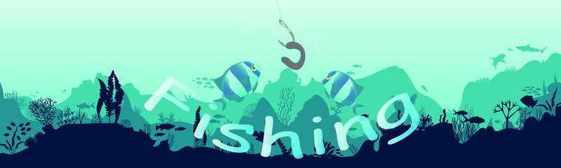 Underwater fishing scene. The fish looks at the worm. Marine underwater background. The bottom of the ocean with algae. Deep blue water, coral reef and underwater plants. vector