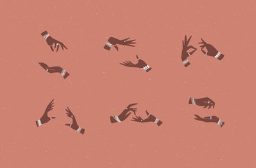 Hands pair with bracelets and rings in ethnical style in different positions to express emotions drawing on coral background