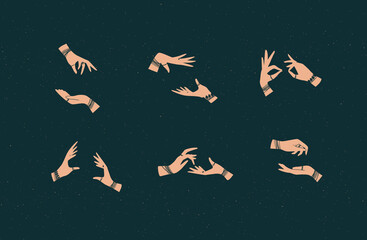 Hands pair with bracelets and rings in ethnical style in different positions to express emotions drawing on dark background