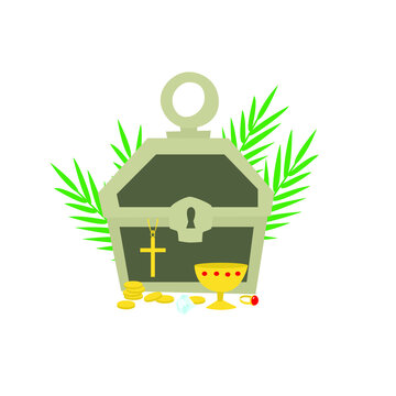 The treasure chest is on the background of palm leaves.