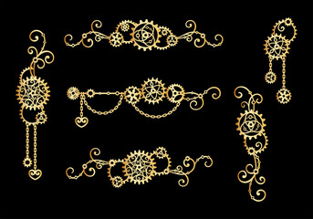 Borders and frames of golden gears, chains and curls on a black background. Mechanism. Steampunk. Set of decorative elements for a stylish holiday greeting card, signage and labels. Vector template