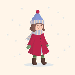 A lovely girl dressed in fall clothes. Winter style clothing. A big hat and a scarf are on a cute girl.