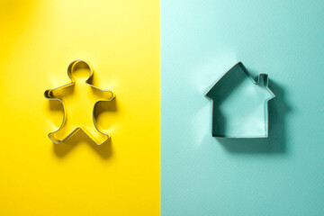 Steel men and house shaped cutter from above. Flat lay top view. Confectionery cooking concept with...