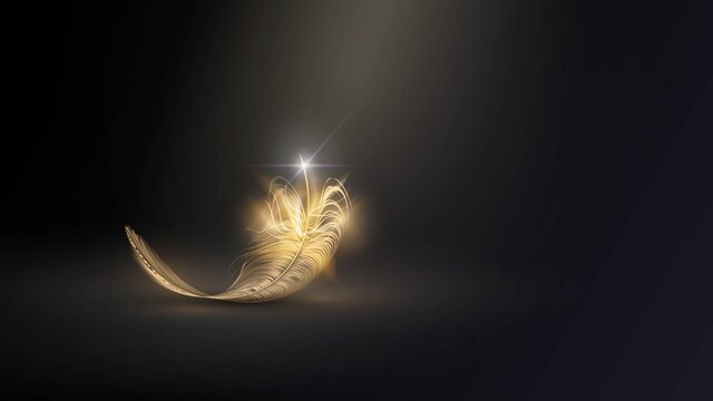 Golden feather of a bird or angel in the dark, glamor and elegance